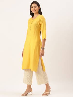 women's calf length round neck mustard solid straight kurta 3