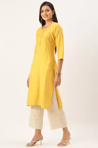women's calf length round neck mustard solid straight kurta