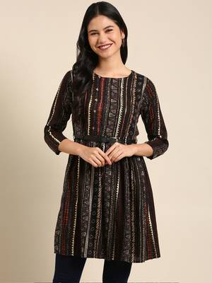 women's above knee round neck black tribal anarkali kurta 3