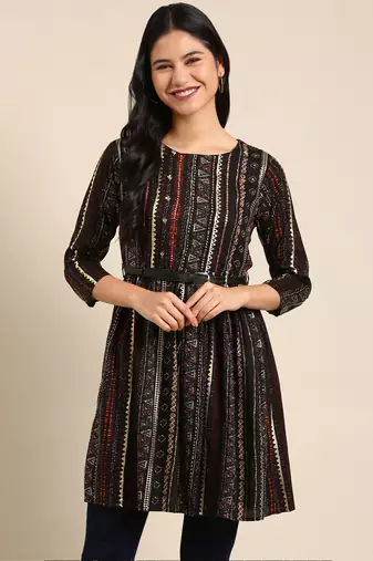 women's above knee round neck black tribal anarkali kurta