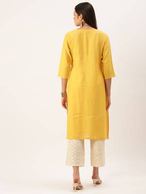 women's calf length round neck mustard solid straight kurta 4