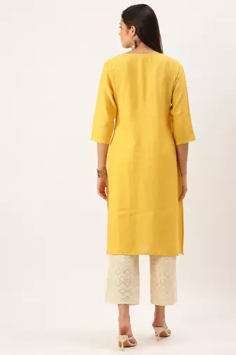 women's calf length round neck mustard solid straight kurta