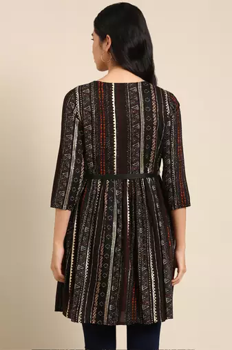 women's above knee round neck black tribal anarkali kurta