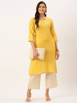 women's calf length round neck mustard solid straight kurta 5