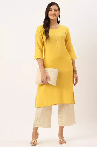women's calf length round neck mustard solid straight kurta