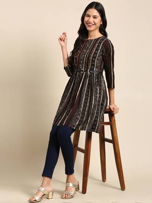 women's above knee round neck black tribal anarkali kurta 5