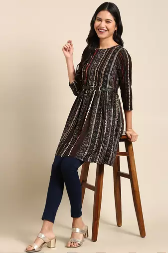 women's above knee round neck black tribal anarkali kurta