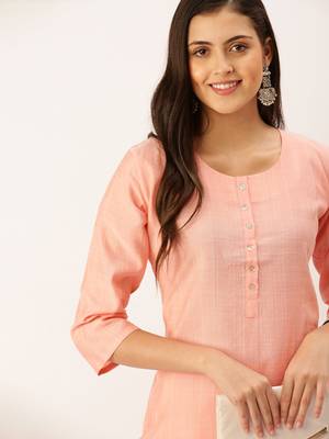 women's calf length round neck peach solid straight kurta 1