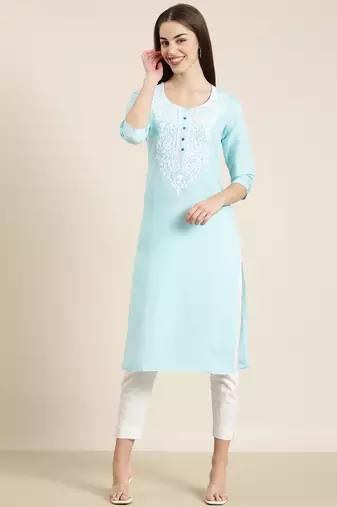 women's calf length round neck blue solid straight kurta