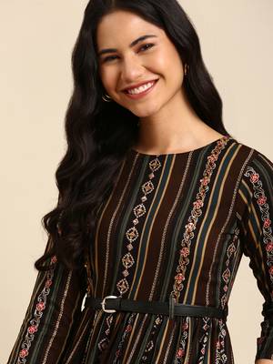 women's knee length round neck multi floral anarkali kurta 1