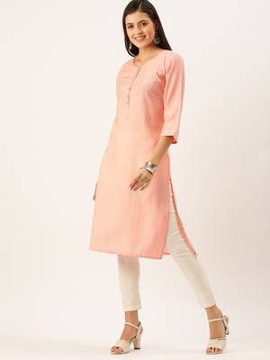 women's calf length round neck peach solid straight kurta 2