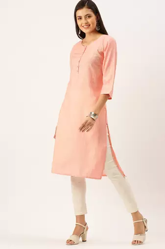 women's calf length round neck peach solid straight kurta