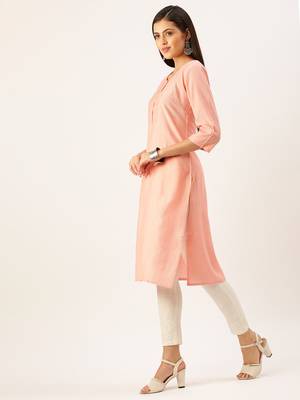 women's calf length round neck peach solid straight kurta 3