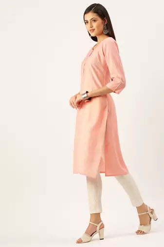 women's calf length round neck peach solid straight kurta