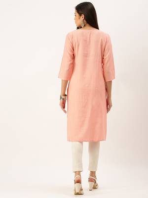 women's calf length round neck peach solid straight kurta 4