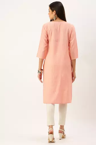 women's calf length round neck peach solid straight kurta