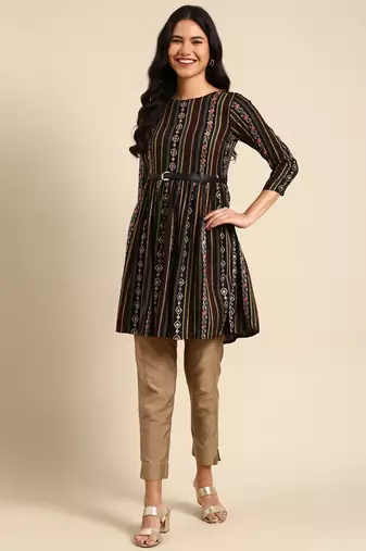 women's knee length round neck multi floral anarkali kurta
