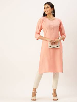 women's calf length round neck peach solid straight kurta 5