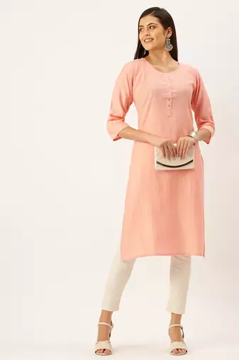 women's calf length round neck peach solid straight kurta