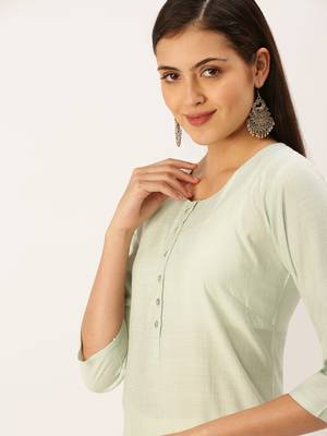women's calf length round neck sea green solid straight kurta 1