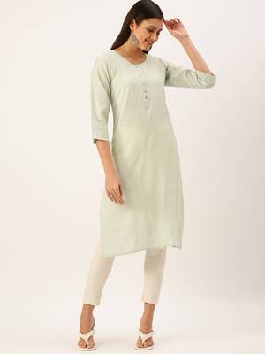 women's calf length round neck sea green solid straight kurta 2