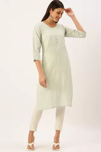 women's calf length round neck sea green solid straight kurta