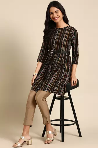 women's knee length round neck multi floral anarkali kurta