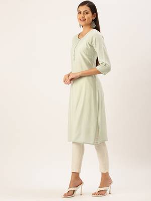 women's calf length round neck sea green solid straight kurta 3