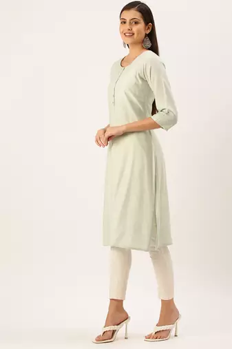 women's calf length round neck sea green solid straight kurta