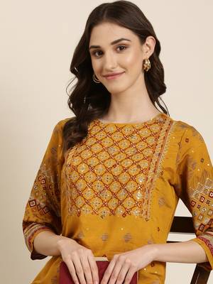 women's calf length round neck mustard embellished straight kurta 1