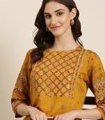 women's calf length round neck mustard embellished straight kurta