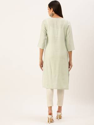 women's calf length round neck sea green solid straight kurta 4