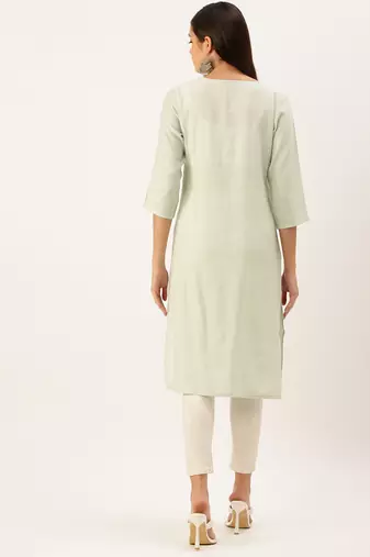women's calf length round neck sea green solid straight kurta