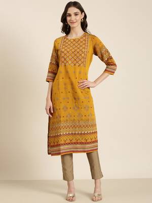 women's calf length round neck mustard embellished straight kurta 2
