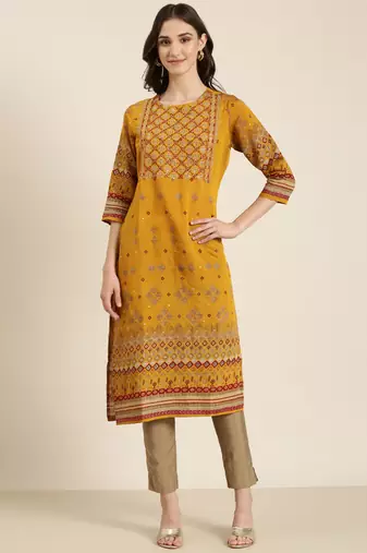 women's calf length round neck mustard embellished straight kurta