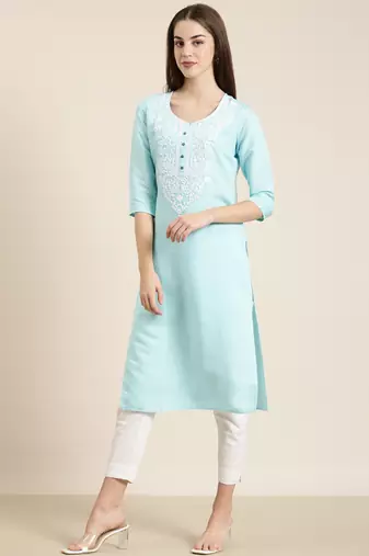 women's calf length round neck blue solid straight kurta