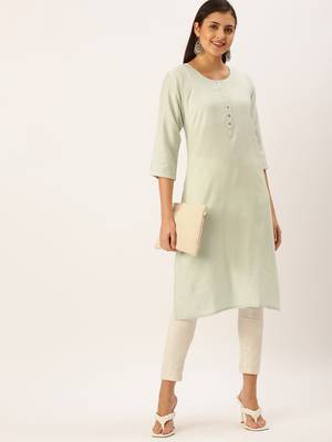 women's calf length round neck sea green solid straight kurta 5