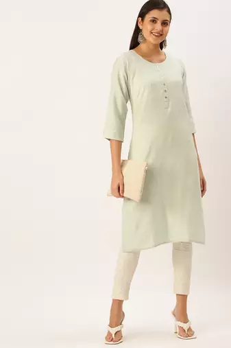 women's calf length round neck sea green solid straight kurta