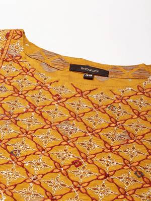 women's calf length round neck mustard embellished straight kurta 3