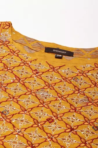 women's calf length round neck mustard embellished straight kurta