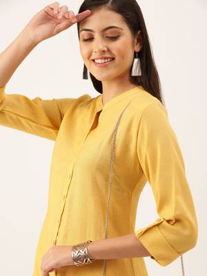 women's calf length mandarin collar mustard solid straight kurta 1