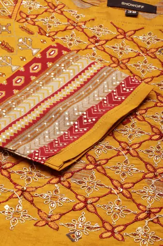 women's calf length round neck mustard embellished straight kurta