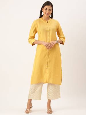 women's calf length mandarin collar mustard solid straight kurta 2