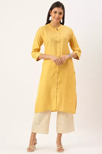 women's calf length mandarin collar mustard solid straight kurta
