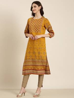 women's calf length round neck mustard embellished straight kurta 5
