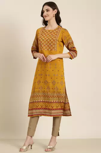 women's calf length round neck mustard embellished straight kurta