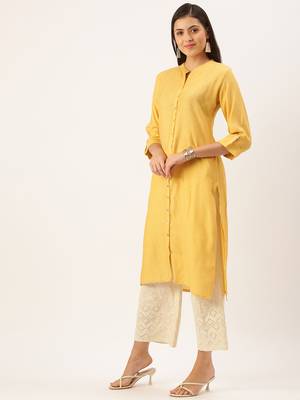 women's calf length mandarin collar mustard solid straight kurta 3