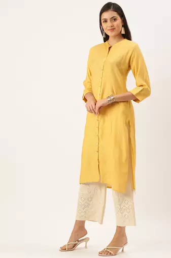 women's calf length mandarin collar mustard solid straight kurta