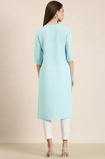 women's calf length round neck blue solid straight kurta