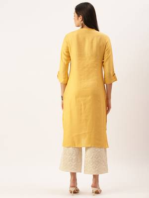 women's calf length mandarin collar mustard solid straight kurta 4